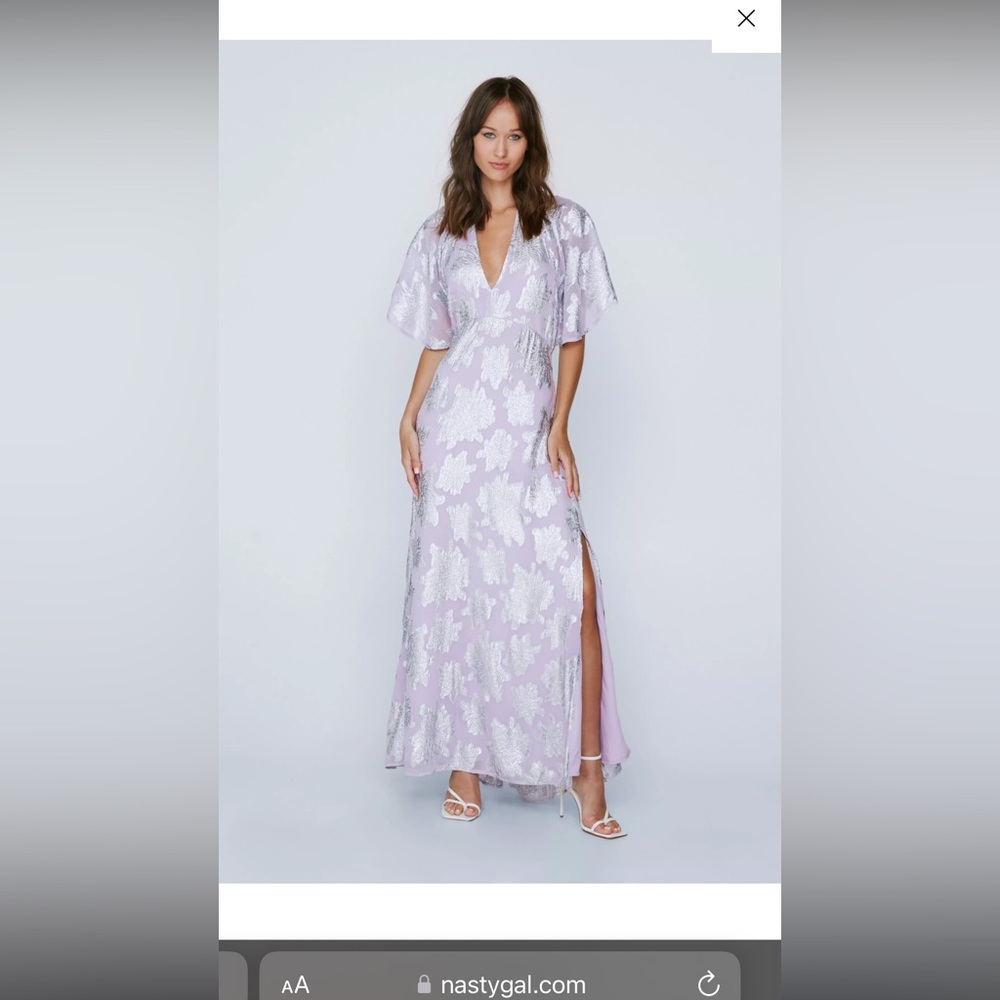 NASTY GAL Petite metallic angel sleeve maxi dress in ivory.